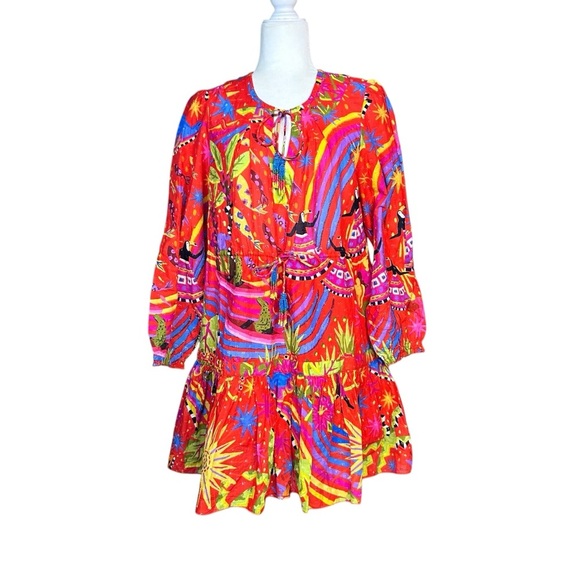 NEW FARM RIO Magic Forest Cotton Mini Dress M Tropical Dopamine Colorful Boho - Picture 2 of 16